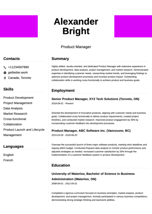 AI-Generated Product Manager Resume Template - Professional