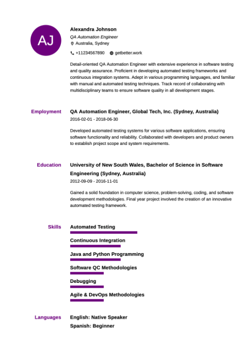 QA Automation Engineer Resume Template - ATS Friendly